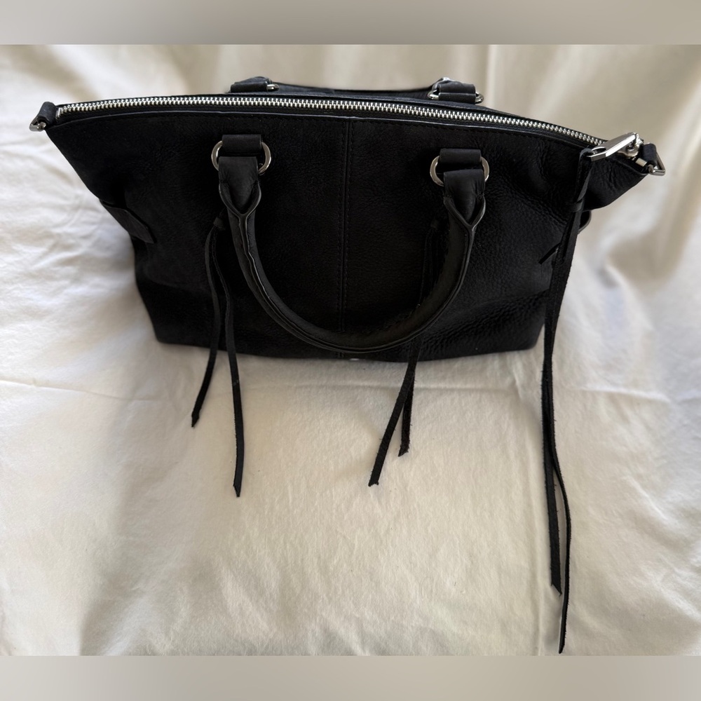 Rebecca Minkoff Black Pebbled Suede Moto Satchel Crossbody Top Handle Handbag - Picture 5 of 9